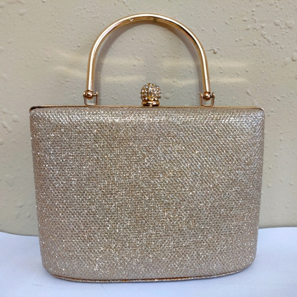 D'margeaux champagne clutch with gold crossbody chaim